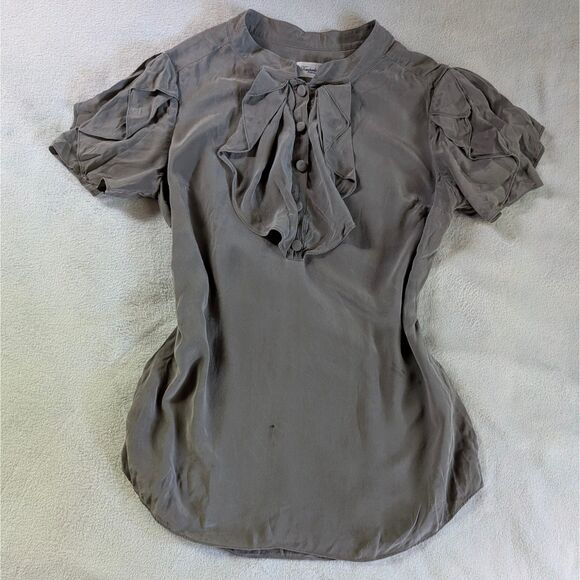 Temperely London Ruffled Blouse Women's Small/Medium Gray Short Sleeve Silk - Picture 2 of 8